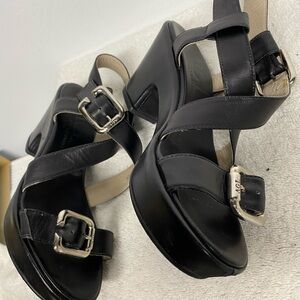 AGL Black Leather Platform Buckle Sandals Sz 6-6.5